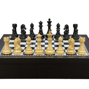 Dal Rossi Italy Chess set with Black and White High Gloss Finish Angular Chess Box 20” with compartments  and Black Ebony Wood Grain Finish and Box Wood Grain Finish Weight pieces 110mm Chess Pieces - Image 1