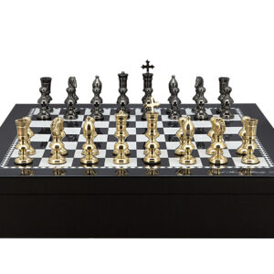 Dal Rossi Italy Chess set with Black and White High Gloss Finish Angular Chess Box 20” with compartments  and Metal Dark Titanium and Gold 110mm Chessmen  - Image 1