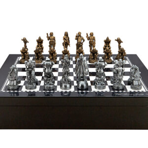 Dal Rossi Italy Chess set with Black and White High Gloss Finish Angular Chess Box 20” with compartments  and Mad Max Robot Chess Pieces Polyresin - Image 1