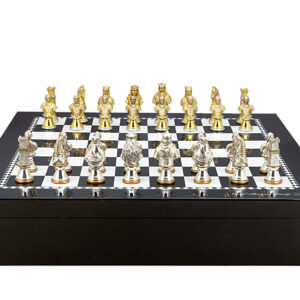 Dal Rossi Italy Chess set with Black and White High Gloss Finish Angular Chess Box 20” with compartments  and Medieval Warriors Metal Chessmen 85mm - Image 1
