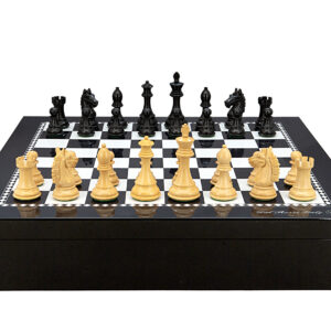 Dal Rossi Italy Chess set with Black and White High Gloss Finish Angular Chess Box 20” with compartments  and Ebony / Boxwood 95mm Wood Double Weighted Chess Pieces - Image 1