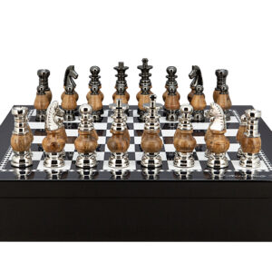Dal Rossi Italy Chess set with Black and White High Gloss Finish Angular Chess Box 20” with compartments  and Staunton Large Metal and Wood Chessmen - Image 1