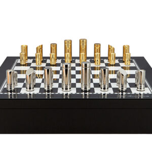 Dal Rossi Italy Chess set with Black and White High Gloss Finish Angular Chess Box 20” with compartments  and Modern Gold and Silver Chessmen 75mm - Image 1