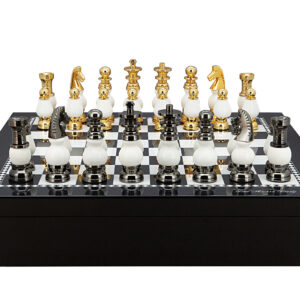Dal Rossi Italy Chess set with Black and White High Gloss Finish Angular Chess Box 20” with compartments  and White Stone and Gold Chessmen 100mm - Image 1