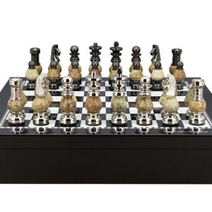 Dal Rossi Italy Chess set with Black and White High Gloss Finish Angular Chess Box 20” with compartments  and Coloured Stone and Silver Chessmen 100mm Chessmen - Image 1