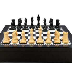 Dal Rossi Italy Chess set with Black and White High Gloss Finish Angular Chess Box 20” with compartments  and Ebony / Boxwood 105mm Wood Double Weighted Chess Pieces - Image 1
