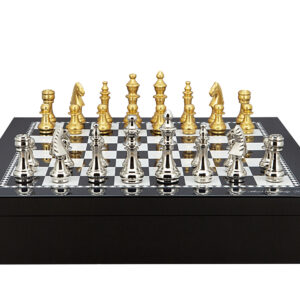 Dal Rossi Italy Chess set with Black and White High Gloss Finish Angular Chess Box 20” with compartments  and Staunton Silver and GOLD Chessmen 100mm - Image 1