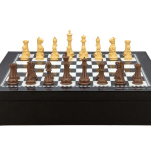 Dal Rossi Italy Chess set with Black and White High Gloss Finish Angular Chess Box 20” with compartments  and Queen’s Gambit Style Chess Pieces 90mm - Image 1