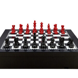 Dal Rossi Italy Chess set with Black and White High Gloss Finish Angular Chess Box 20” with compartments  and French lardy, Boxwood Black & Red 85mm Wood Double Weighted Chess - Image 1