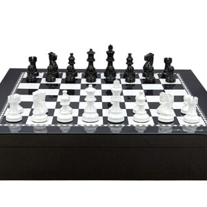 Dal Rossi Italy Chess set with Black and White High Gloss Finish Angular Chess Box 20” with compartments  and French lardy, Boxwood Black & White 85mm Wood Double Weighted Chess - Image 1