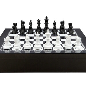 Dal Rossi Italy Chess set with Black and White High Gloss Finish Angular Chess Box 20” with compartments  and French lardy, Boxwood Black & White 95mm Wood Double Weighted Chess - Image 1