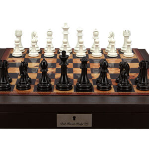 Dal Rossi Italy Chess Set with Brown PU Leather Bevelled Edge chess box with compartments 18″ and Modern Staunton Style Black and White Chess Pieces - Image 1