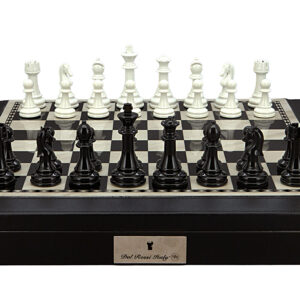 Dal Rossi Italy Chess Set with Black and White PU Leather Bevelled Edge chess box with compartments 18″ and Modern Staunton Style Black and White Chess Pieces - Image 1