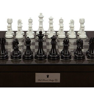 Dal Rossi Italy Chess Set with Carbon Fibre Shiny Finish Chess Box 16” with compartments and Modern Staunton Style Black and White Chess Pieces - Image 1