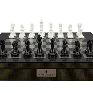 Dal Rossi Italy Chess Set with Carbon Fibre Shiny Finish Chess Box 20” with compartments and Modern Staunton Style Black and White Chess Pieces - Image 1