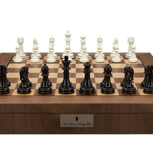 Dal Rossi Italy Chess Set with Walnut Inlaid Chess Box 20” with compartments and Modern Staunton Style Black and White Chess Pieces - Image 1