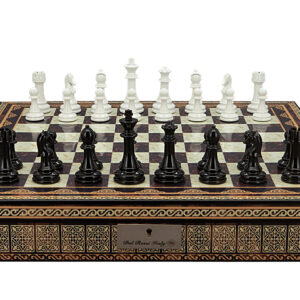 Dal Rossi Italy Chess Set with Mosaic Finish Chess Box 20” with compartments and Modern Staunton Style Black and White Chess Pieces - Image 1