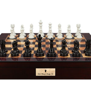 Dal Rossi Italy Chess Set with Mahogany Finish Chess Box 20” with compartments and Modern Staunton Style Black and White Chess Pieces - Image 1