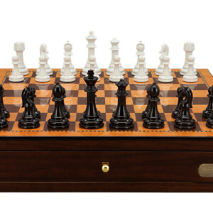 Dal Rossi Italy Chess Set with Shiny Walnut Chess Box 18” with drawers and Modern Staunton Style Black and White Chess Pieces - Image 1