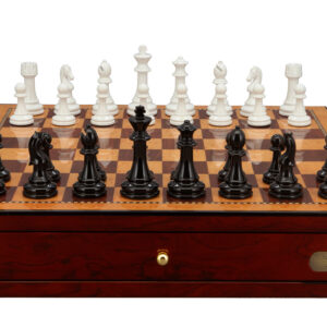 Dal Rossi Italy Chess Set with Shiny Mahogany Chess Box 18” with drawers and Modern Staunton Style Black and White Chess Pieces - Image 1