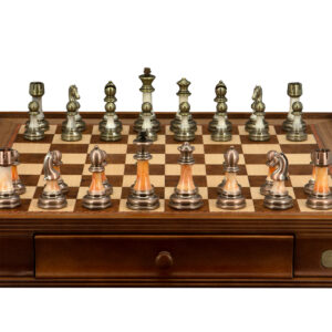 Dal Rossi Italy Chess Set with Walnut Finish Chess Box 20” with drawers and Antique Green and Copper Finish Chessmen - Image 1