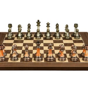Dal Rossi Italy Antique Green and Copper Finish Chessmen on Walnut Inlaid Chess Board 50cm - Image 1