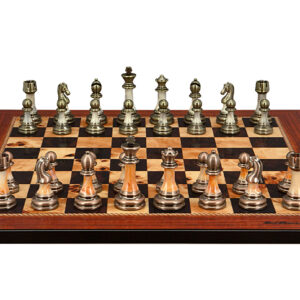 Dal Rossi Italy Antique Green and Copper Finish Chessmen on Shiny Walnut Finish Chess Board 50cm - Image 1