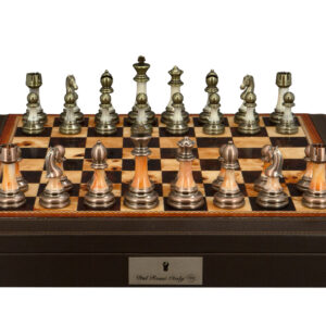 Dal Rossi Italy Chess Set with Brown PU Leather Bevelled Edge chess box with compartments 18″ and Antique Green and Copper Finish Chessmen - Image 1