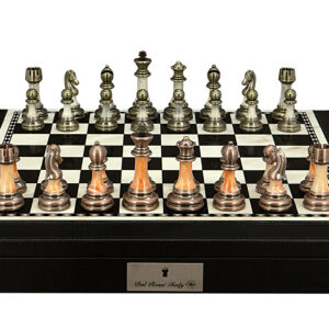 Dal Rossi Italy Chess Set with Black and White PU Leather Bevelled Edge chess box with compartments 18″ and Antique Green and Copper Finish Chessmen - Image 1