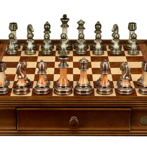 Dal Rossi Italy Chess Set with Walnut Finish Chess Box 16” with drawers and Antique Green and Copper Finish Chessmen - Image 1