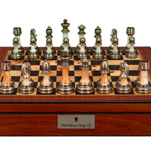 Dal Rossi Italy Chess Set with Shiny Walnut Finish Chess Box 16” with compartments and Antique Green and Copper Finish Chessmen - Image 1