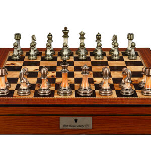 Dal Rossi Italy Chess Set with Shiny Walnut Finish Chess Box 20” with compartments and Antique Green and Copper Finish Chessmen - Image 1