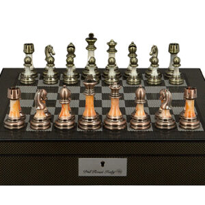 Dal Rossi Italy Chess Set with Carbon Fibre Shiny Finish Chess Box 16” with compartments and Antique Green and Copper Finish Chessmen - Image 1