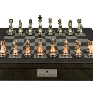 Dal Rossi Italy Chess Set with Carbon Fibre Shiny Finish Chess Box 20” with compartments and Antique Green and Copper Finish Chessmen - Image 1