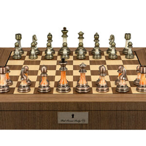 Dal Rossi Italy Chess Set with Walnut Inlaid Chess Box 20” with compartments and Antique Green and Copper Finish Chessmen - Image 1