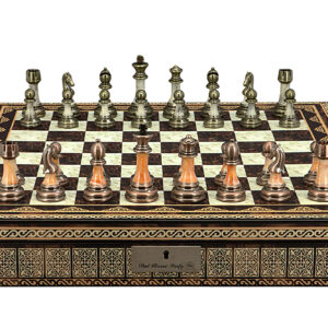 Dal Rossi Italy Chess Set with Mosaic Finish Chess Box 20” with compartments and Antique Green and Copper Finish Chessmen - Image 1