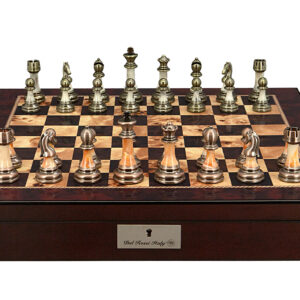 Dal Rossi Italy Chess Set with Mahogany Finish Chess Box 20” with compartments and Antique Green and Copper Finish Chessmen - Image 1