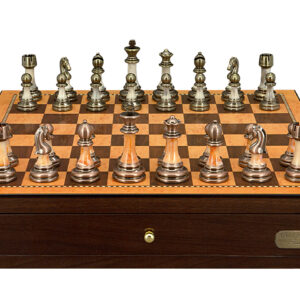 Dal Rossi Italy Chess Set with Shiny Walnut Chess Box 18” with drawers and Antique Green and Copper Finish Chessmen - Image 1