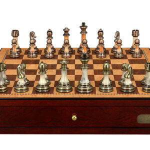 Dal Rossi Italy Chess Set with Shiny Mahogany Chess Box 18” with drawers and Antique Green and Copper Finish Chessmen - Image 1