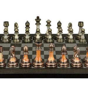 Dal Rossi Italy Antique Green and Copper Finish Chessmen on Carbon Fibre 40cm Chess Board - Image 1
