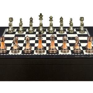 Dal Rossi Italy Chess set with Black and White High Gloss Finish Angular Chess Box 20” with compartments and Antique Green and Copper Finish Chessmen - Image 1