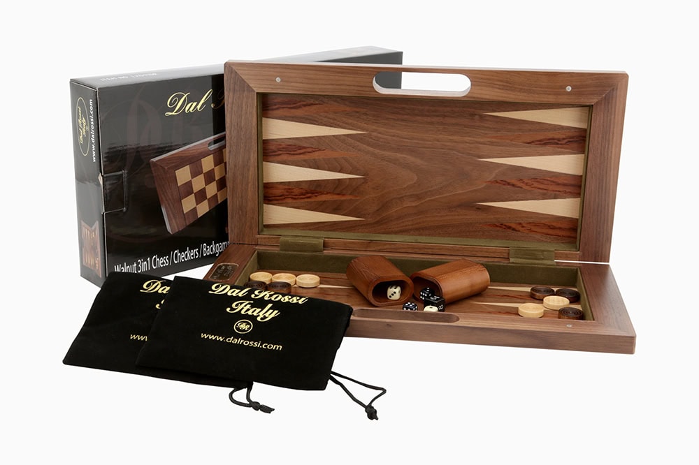 Dal Rossi Chess / Checkers / Backgammon,folding walnut, 16"