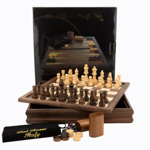 Dal Rossi Chess /Checkers / Backgammon, walnut, flip top board, 14"