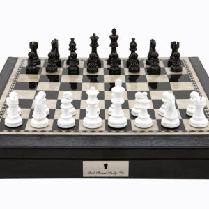 Dal Rossi 18" Chess Set Black and White with PU Leather Edge with compartments and Black and White 85mm Chess Pieces