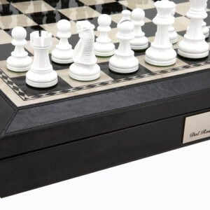 Dal Rossi 18" Chess Set Black and White with PU Leather Edge with compartments and Black and White 85mm Chess Pieces
