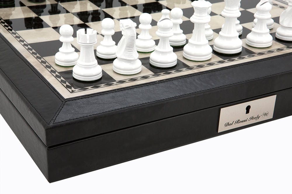 Dal Rossi 18" Chess Set Black and White with PU Leather Edge with compartments and Black and White 85mm Chess Pieces