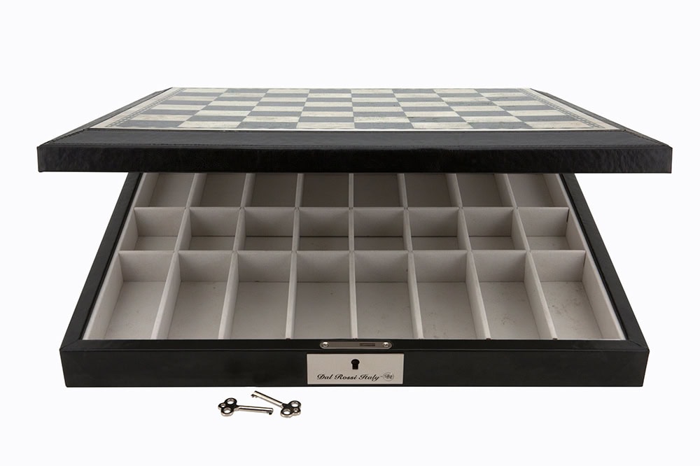 Dal Rossi 16" Chess Set Black Finish Chess Set with PU Leather Edge with compartments and Metal / Marble Finish Chess Pieces