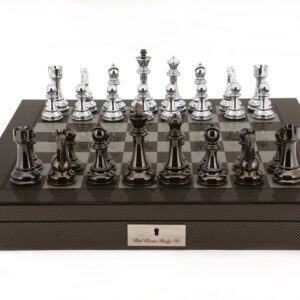 Dal Rossi Italy Silver/Titanium Chess Set on Carbon Fibre Shiny Finish Chess Box 20” with compartments