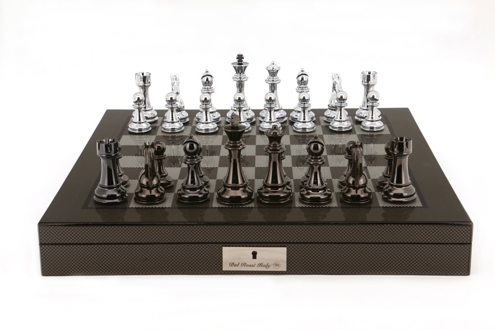 Dal Rossi Italy Silver/Titanium Chess Set on Carbon Fibre Shiny Finish Chess Box 20” with compartments