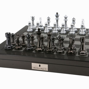 Dal Rossi Italy Silver/Titanium Chess Set on Carbon Fibre Shiny Finish Chess Box 20” with compartments